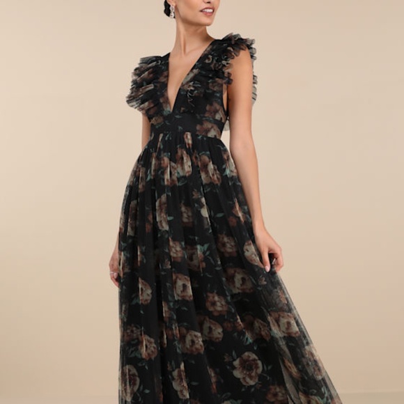 Lulus Simply Delighted Black Floral Mesh Ruffled Backless Maxi Dress - Size S - Picture 1 of 1